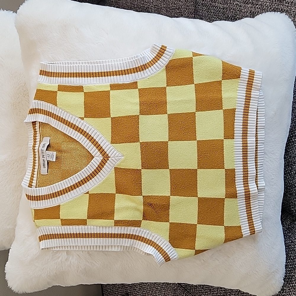 Urban Outfitters Brown and Yellow Checkered Crop Sweater Vest